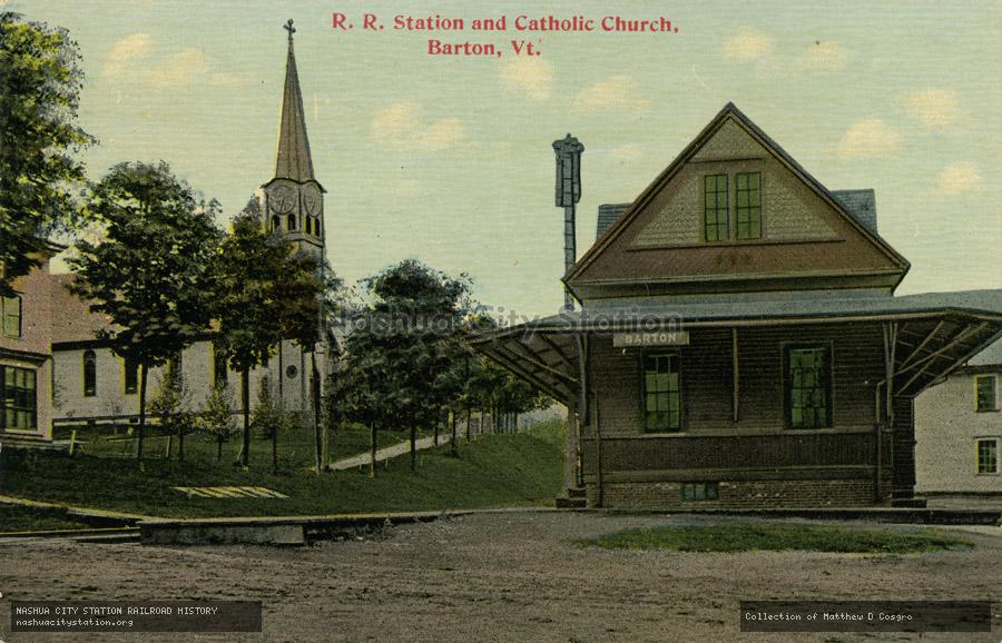 Postcard: Railroad Station and Catholic Church, Barton, Vermont